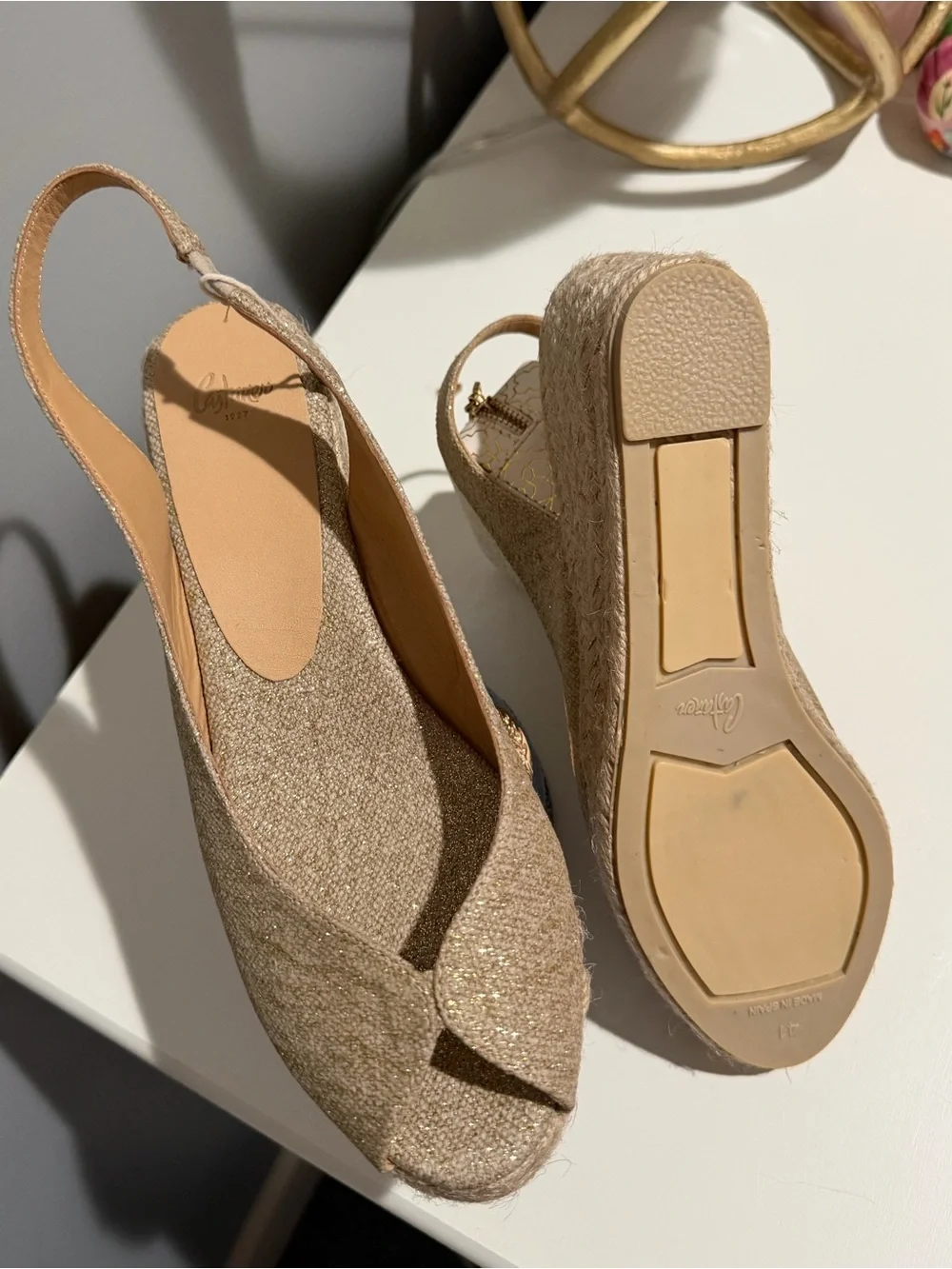 Castaner Metallic Gold Wedge Slingback Sandals